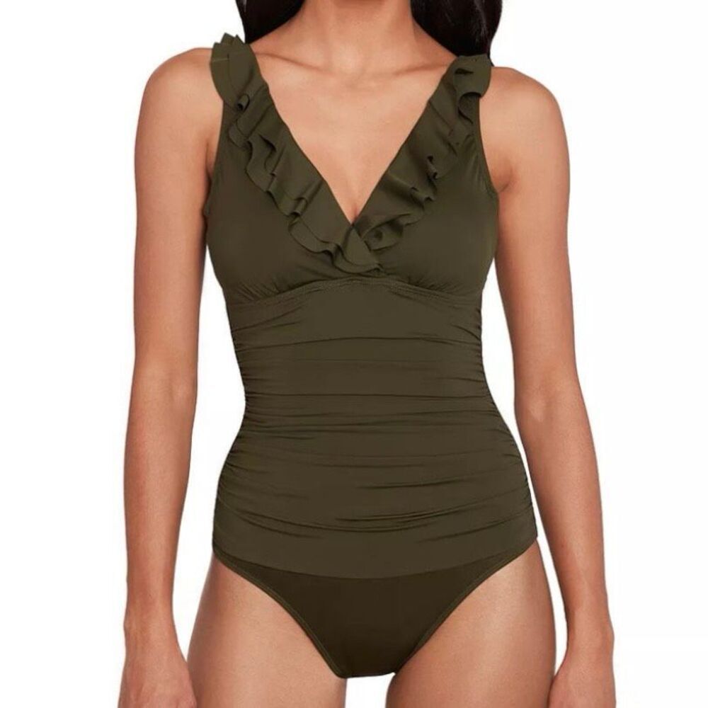 RALPH LAUREN | Olive‎ Green One Piece Swimsuit Ruffle Surplice Ruched | Size XL